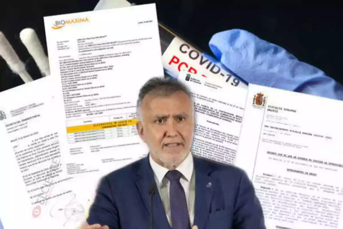 Un hombre de traje aparece en primer plano con documentos oficiales y pruebas relacionadas con COVID-19 al fondo. Un hombre de traje aparece en primer plano con documentos oficiales y pruebas relacionadas con COVID-19 al fondo.