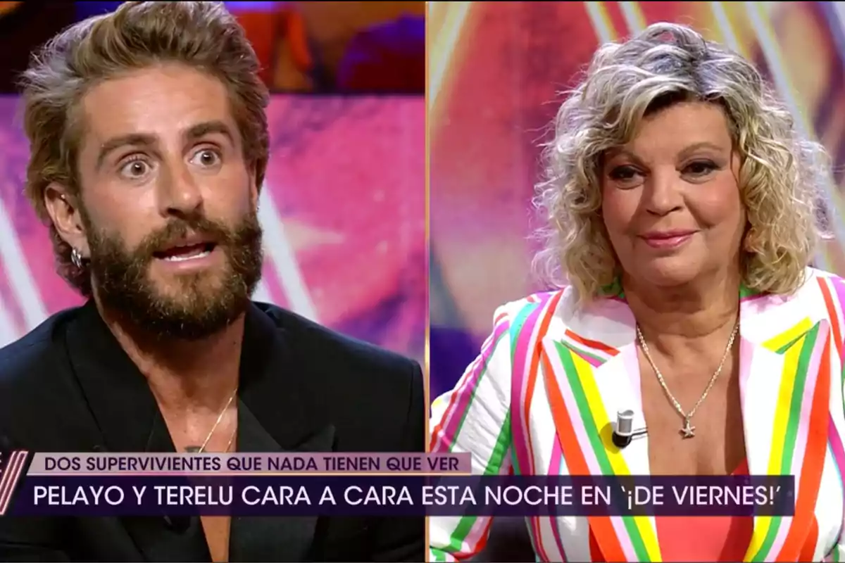 Pelayo Díaz y Terelu Campos sentadas en un programa de televisión, una de ellas con barba y chaqueta oscura, la otra con el cabello rubio rizado y chaqueta de rayas de colores, con un rótulo en la parte inferior que anuncia un cara a cara entre Pelayo y Terelu. Captura de '¡De Viernes!' Pelayo Díaz y Terelu Campos sentadas en un programa de televisión, una de ellas con barba y chaqueta oscura, la otra con el cabello rubio rizado y chaqueta de rayas de colores, con un rótulo en la parte inferior que anuncia un cara a cara entre Pelayo y Terelu. Captura de '¡De Viernes!'