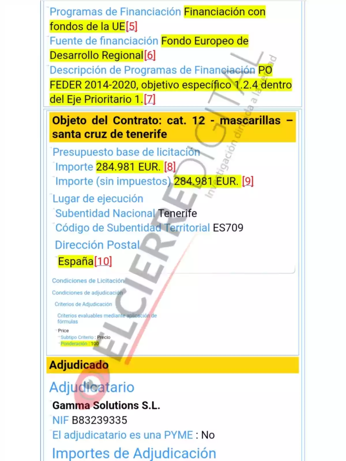 La imagen muestra información sobre un contrato de financiamiento con fondos de la UE, específicamente del Fondo Europeo de Desarrollo Regional, para la adquisición de mascarillas en Santa Cruz de Tenerife, con un presupuesto base de licitación de 284.981 EUR. El lugar de ejecución es Tenerife, España, y el adjudicatario es Gamma Solutions S.L., con NIF B83239335. El adjudicatario no es una PYME.