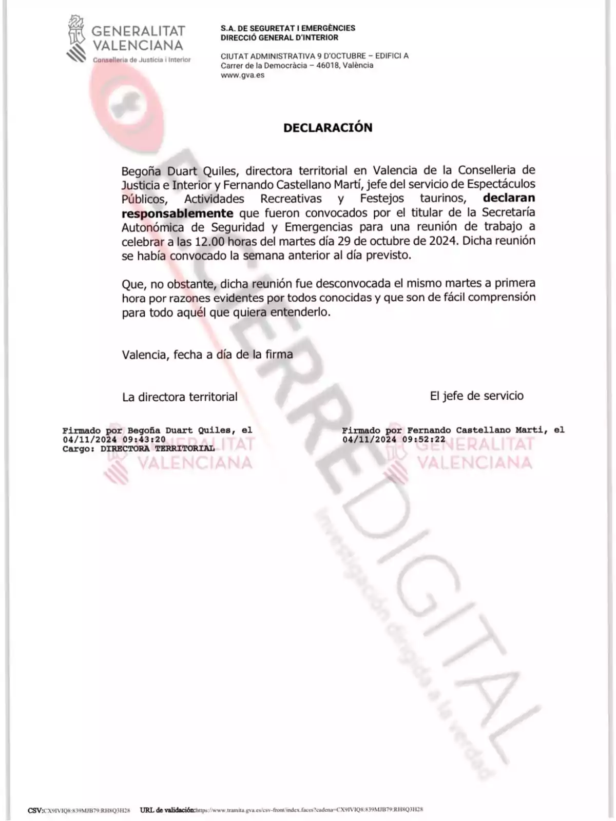 La imagen muestra una declaración oficial de la Generalitat Valenciana, específicamente de la Conselleria de Justicia e Interior, firmada por Begoña Duart Quiles y Fernando Castellano Martí, en la que se informa sobre la convocatoria y posterior desconvocatoria de una reunión de trabajo programada para el 29 de octubre de 2024, debido a razones evidentes.