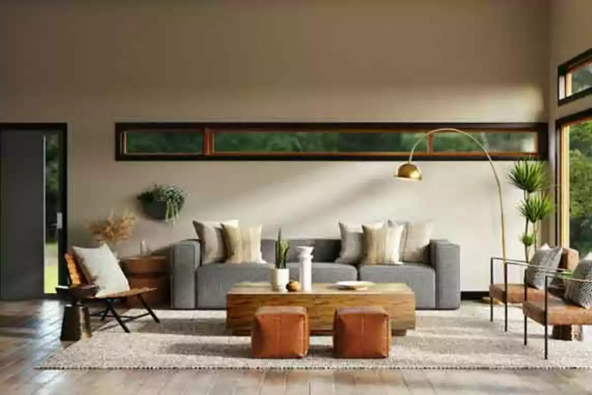 Sala de estar moderna con sofá gris, mesa de centro de madera, sillas de cuero marrón, lámpara dorada de pie y plantas decorativas.