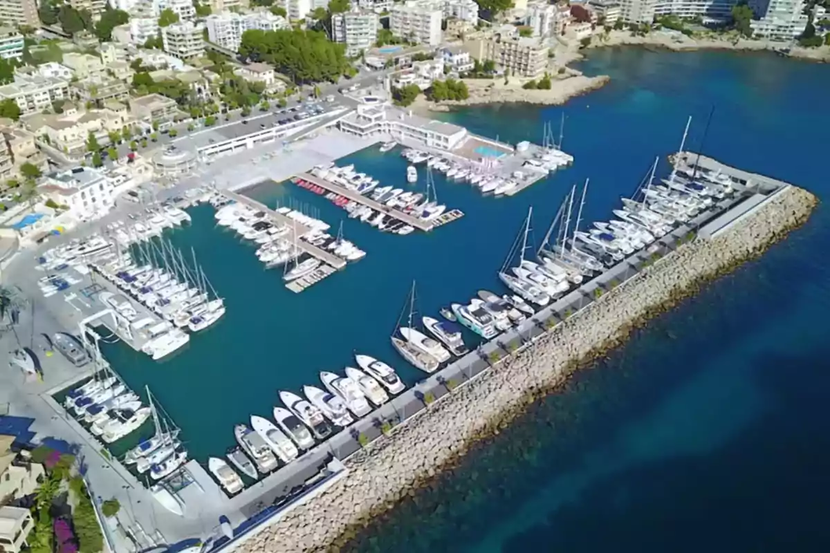 Vista aérea de un puerto deportivo con numerosos yates y barcos atracados, rodeado de edificios y vegetación, con aguas azules y claras.