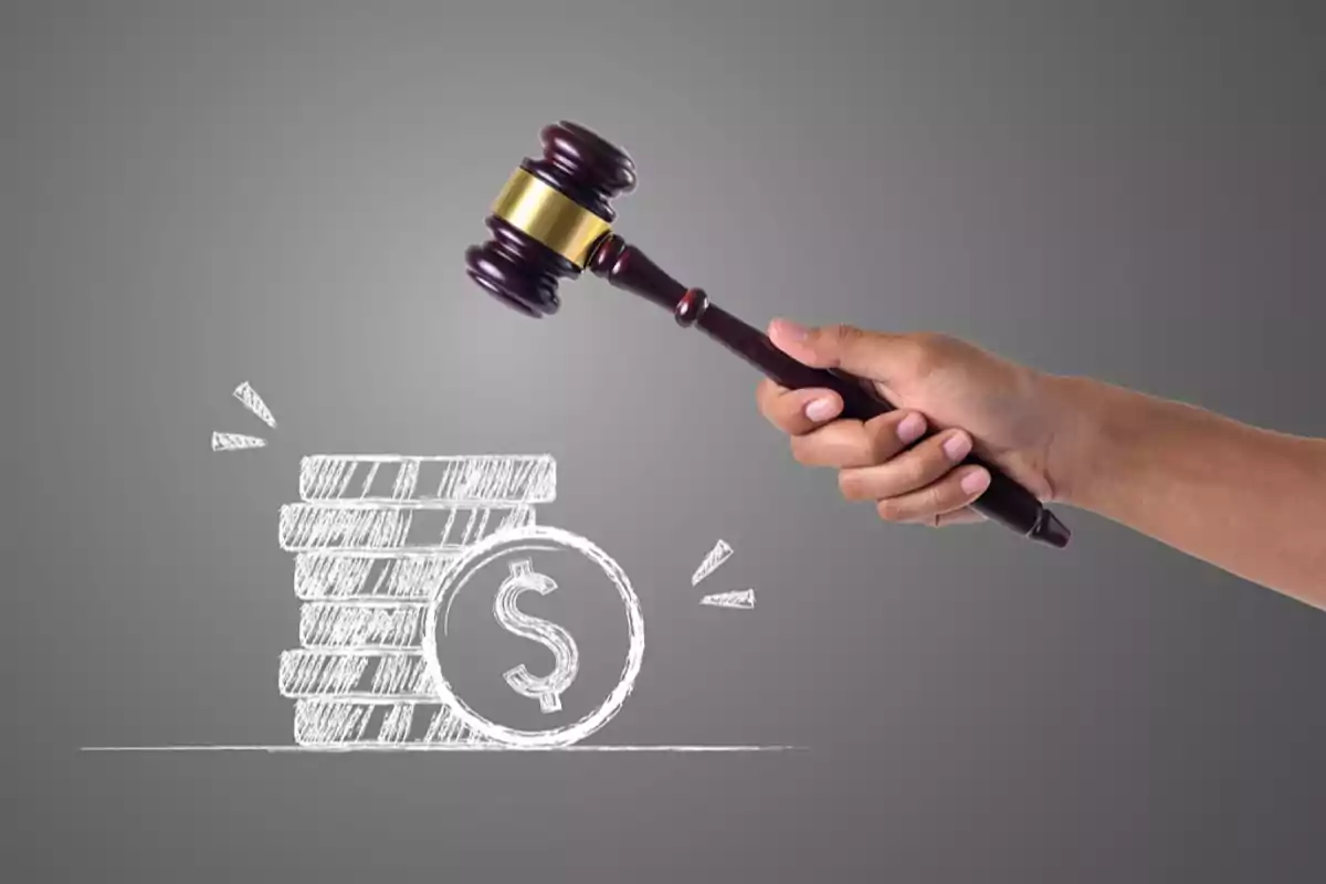 Mano sosteniendo un mazo de juez frente a un dibujo de monedas y un símbolo de dólar sobre fondo gris Mano sosteniendo un mazo de juez frente a un dibujo de monedas y un símbolo de dólar sobre fondo gris