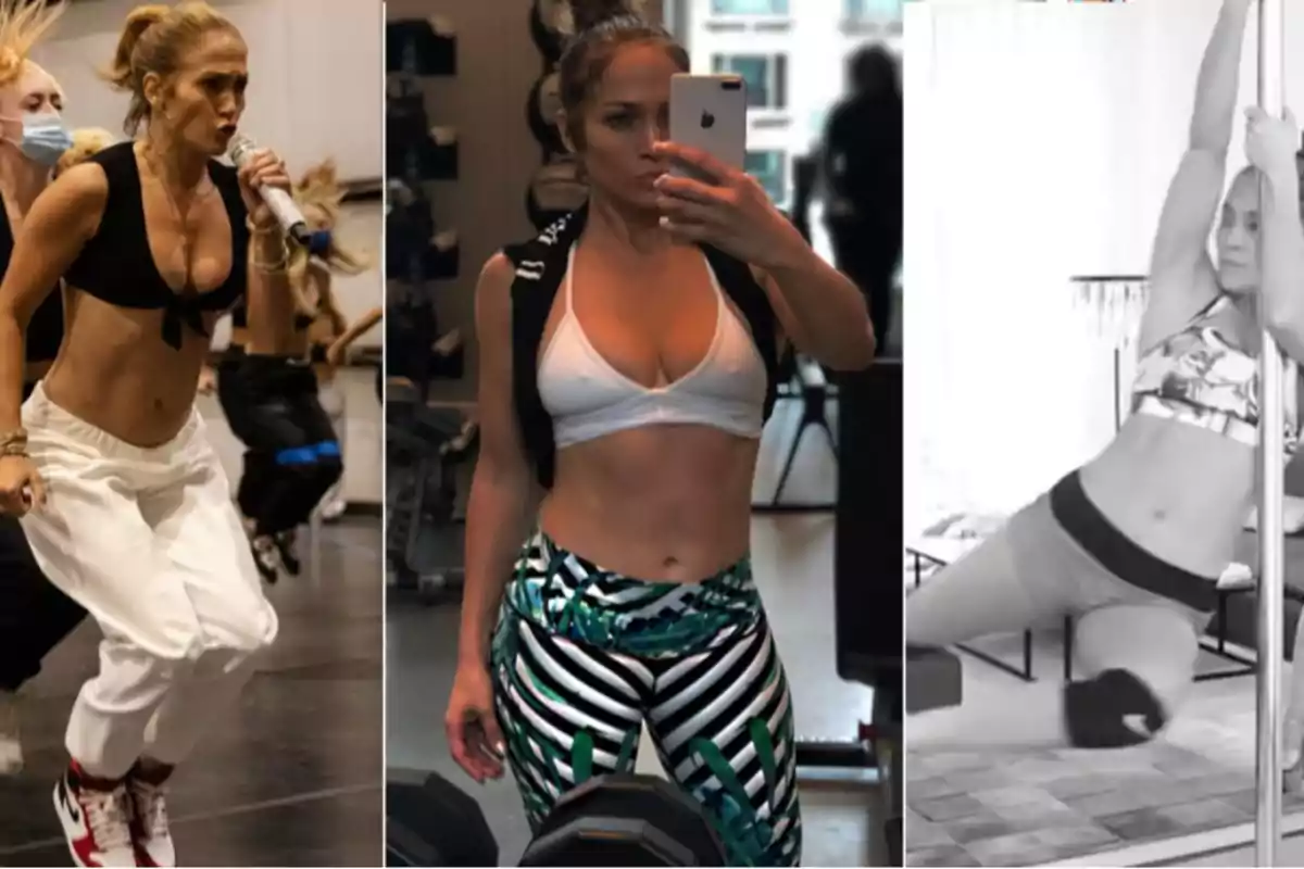 Tres imágenes de una mujer haciendo ejercicio: en la primera, está corriendo con un micrófono en la mano; en la segunda, se toma una selfie en el gimnasio; en la tercera, practica pole dance.