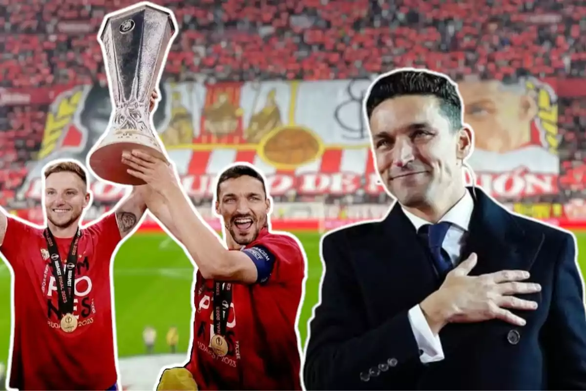 Jugadores celebran con un trofeo en un estadio lleno de aficionados mientras un hombre de traje sonríe y se lleva la mano al pecho.