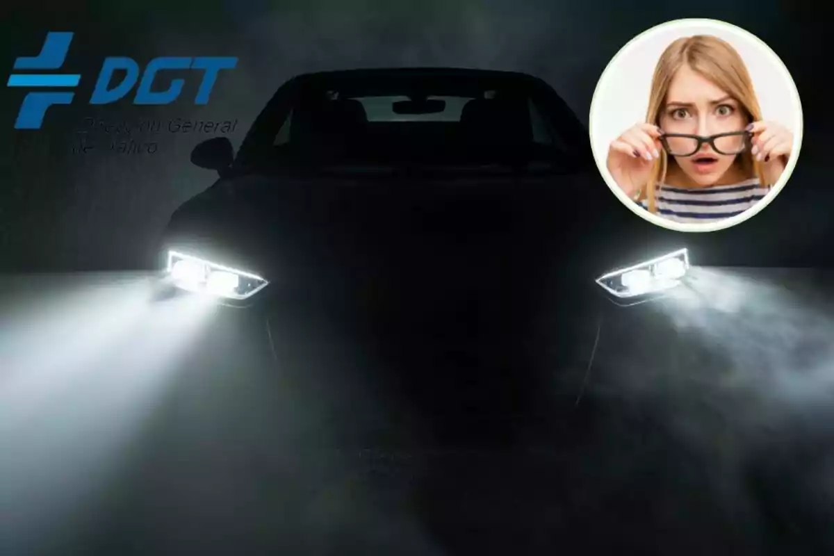 Un coche con las luces encendidas en la oscuridad, el logo de la DGT y una mujer sorprendida en un círculo.