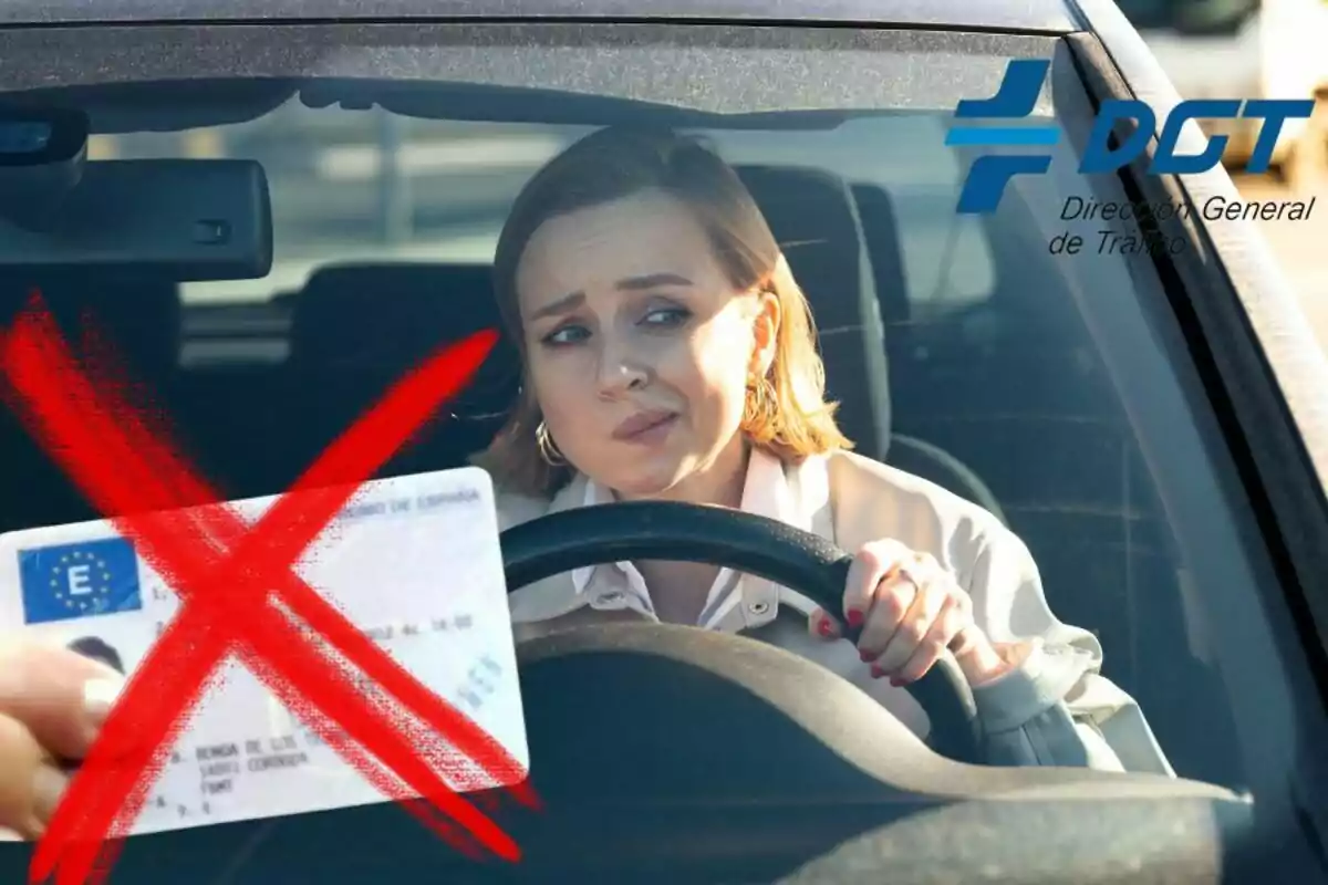 Mujer al volante de un coche con una expresión preocupada mientras una mano sostiene un carnet de conducir tachado con una gran X roja, junto al logo de la Dirección General de Tráfico.