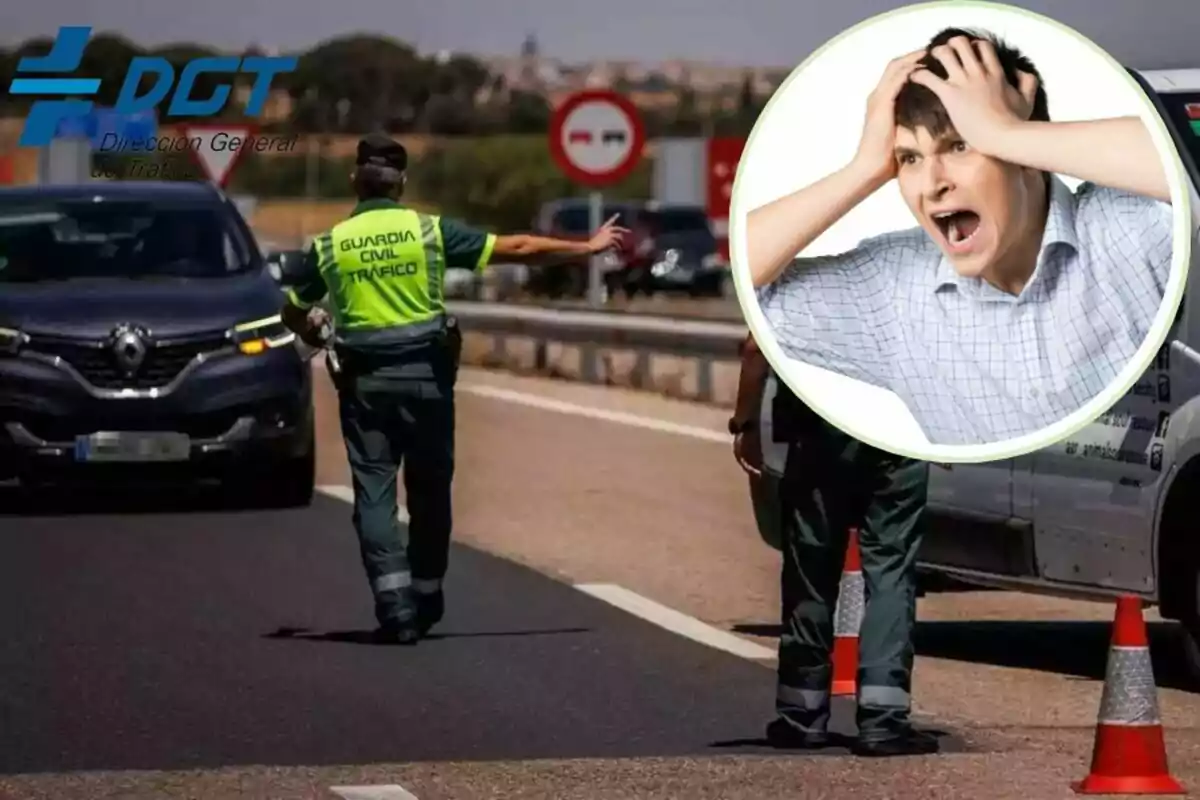 Control de tráfico de la Guardia Civil con un conductor estresado.