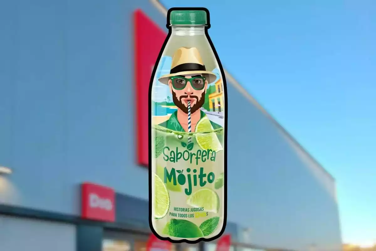 Botella de bebida sabor mojito con ilustración de un hombre con sombrero y gafas frente a un fondo de supermercado desenfocado Botella de bebida sabor mojito con ilustración de un hombre con sombrero y gafas frente a un fondo de supermercado desenfocado