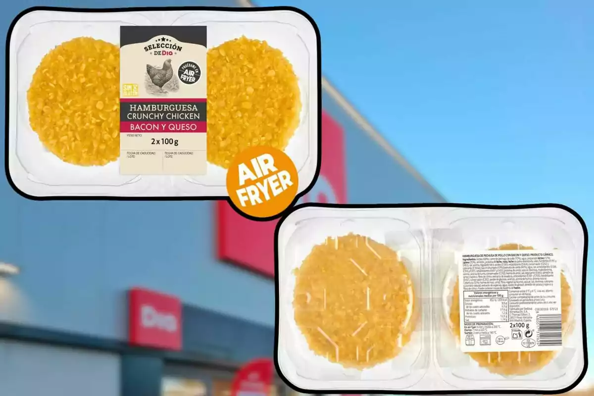 Paquete de hamburguesas de pollo crujiente con bacon y queso, aptas para freidora de aire, de la marca Selección de Dia, con un peso neto de 2x100g. Paquete de hamburguesas de pollo crujiente con bacon y queso, aptas para freidora de aire, de la marca Selección de Dia, con un peso neto de 2x100g.