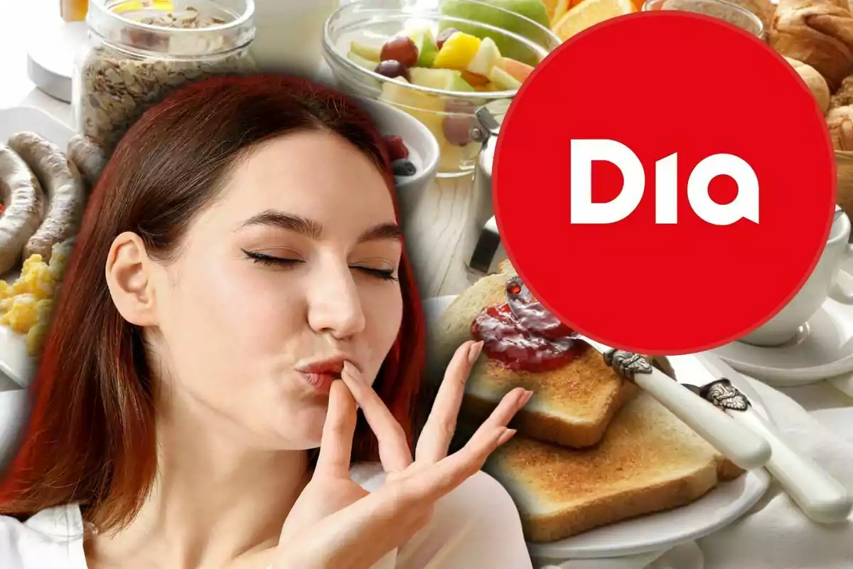 Una mujer disfrutando de un desayuno con tostadas, mermelada y frutas, junto al logo de una tienda.