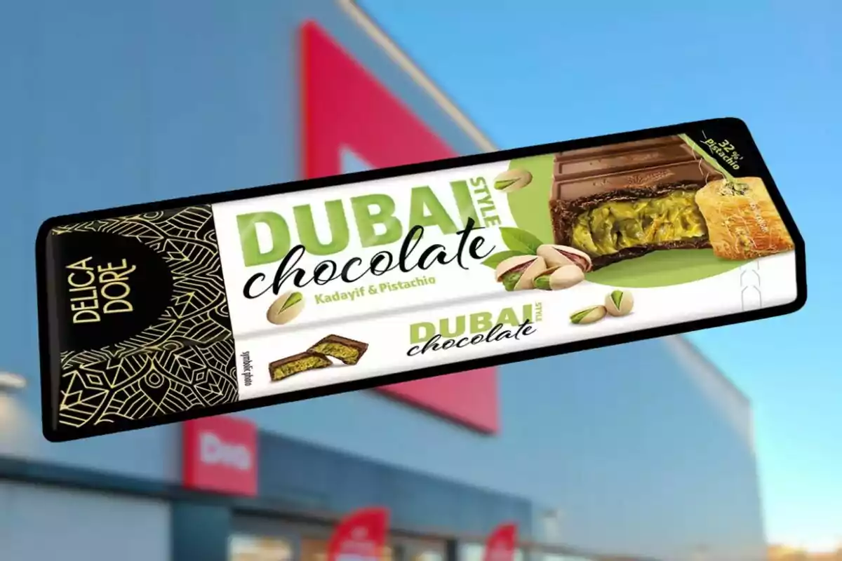 Una barra de chocolate estilo Dubái con sabor a kadaif y pistacho de la marca Delica Dore, con un fondo de cielo azul y un edificio borroso. Una barra de chocolate estilo Dubái con sabor a kadaif y pistacho de la marca Delica Dore, con un fondo de cielo azul y un edificio borroso.
