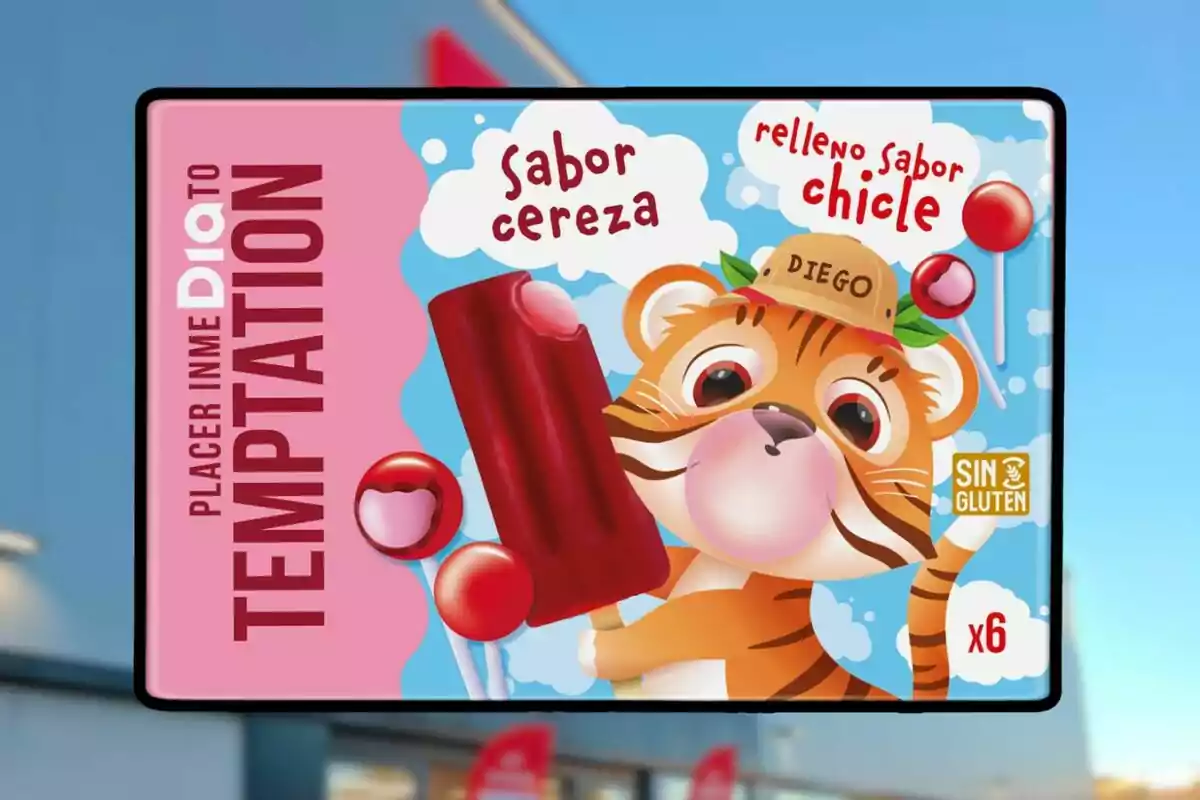 Cartel publicitario de helado sabor cereza con relleno de chicle, ilustración de un tigre con gorra y burbuja de chicle, empaque sin gluten y presentación de seis piezas Cartel publicitario de helado sabor cereza con relleno de chicle, ilustración de un tigre con gorra y burbuja de chicle, empaque sin gluten y presentación de seis piezas