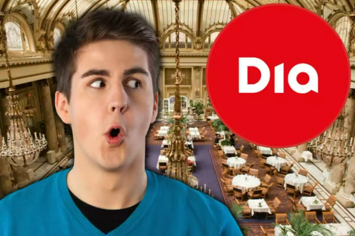Un joven con expresión de sorpresa está frente a un lujoso salón con candelabros y mesas, junto a un logotipo rojo con la palabra "Dia".