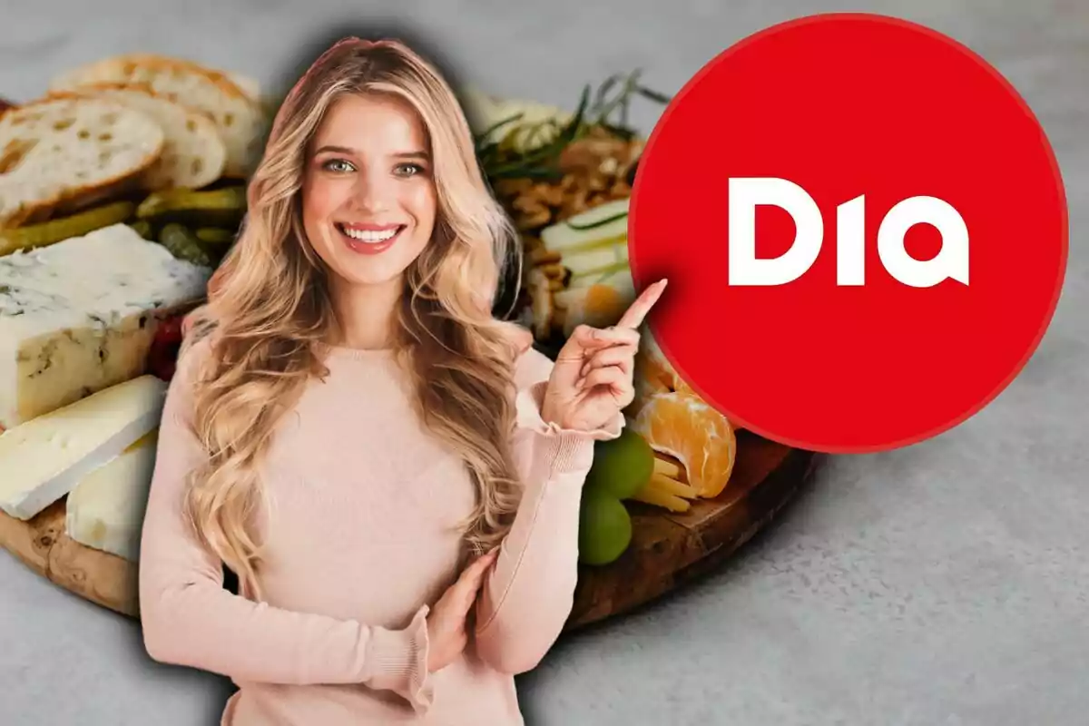Una mujer sonriente señala un logotipo rojo de "Dia" con una tabla de quesos y frutas de fondo.