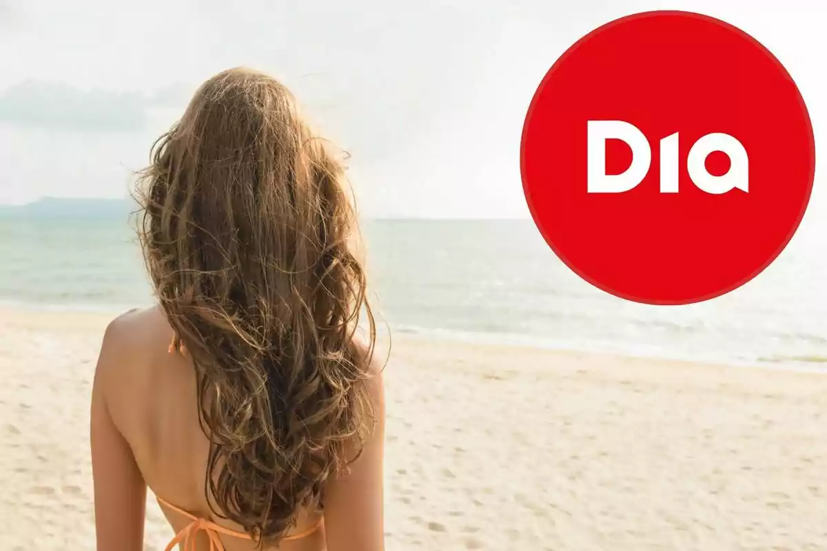 Mujer de espaldas en la playa con el logo de Dia en un círculo rojo en la esquina superior derecha