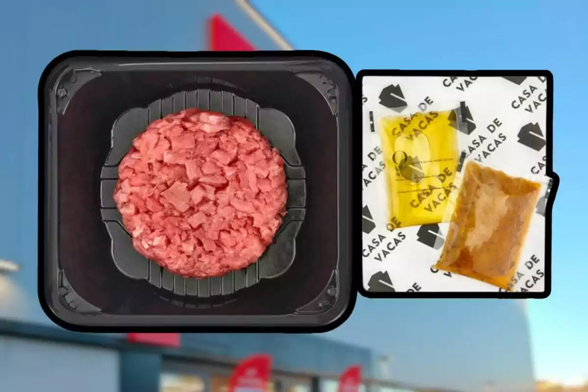 Imagen de un paquete de carne picada en un envase negro junto a dos sobres de condimentos sobre un fondo con logotipos de Imagen de un paquete de carne picada en un envase negro junto a dos sobres de condimentos sobre un fondo con logotipos de