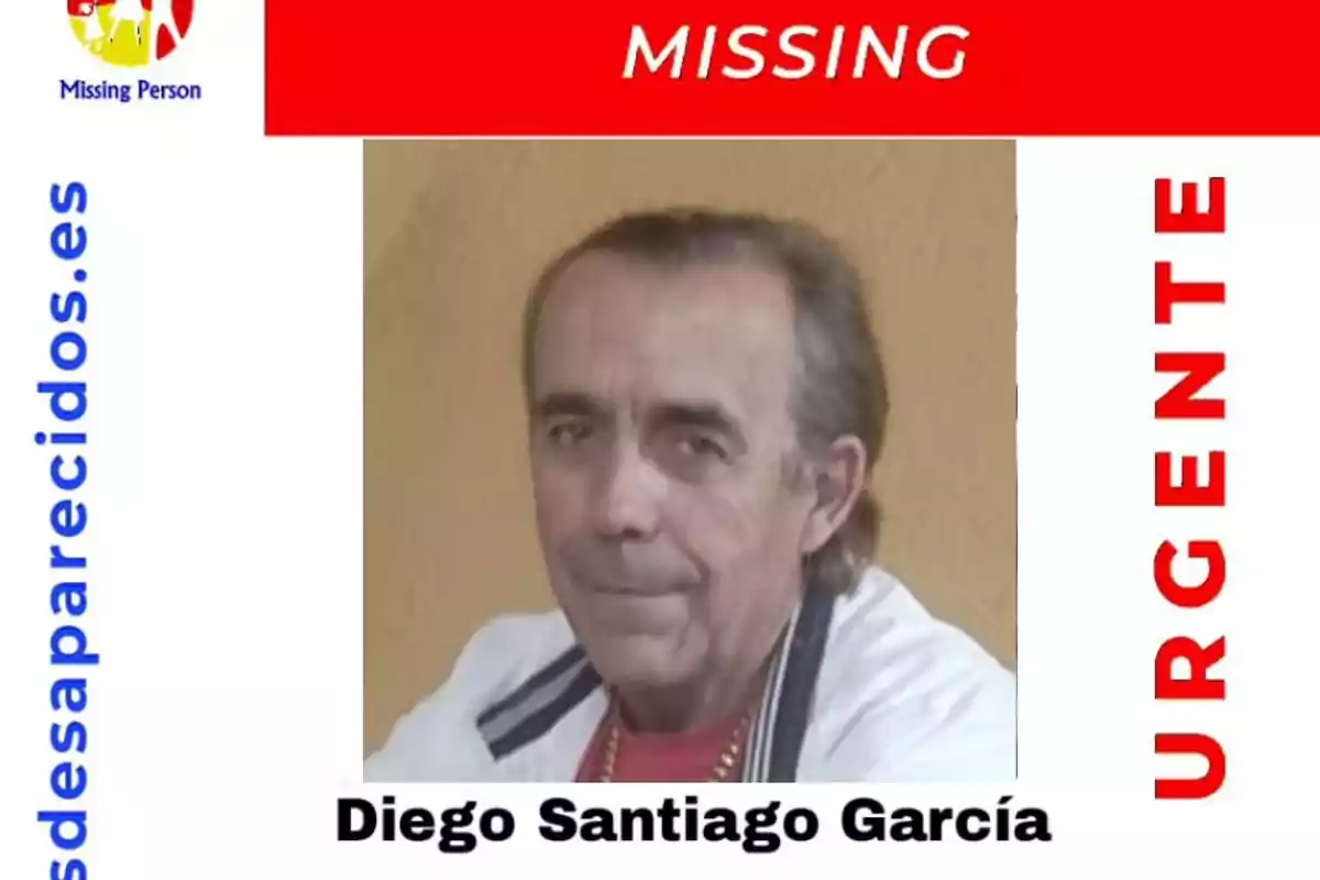 Hombre desaparecido llamado Diego Santiago García, con un fondo rojo en la parte superior que dice "MISSING" y "URGENTE" en letras rojas a la derecha. La imagen también incluye la URL "sosdesaparecidos.es" en el lado izquierdo.