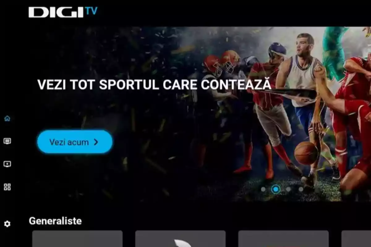 Pantalla de inicio de Digi TV con varios deportistas y un botón azul que dice 