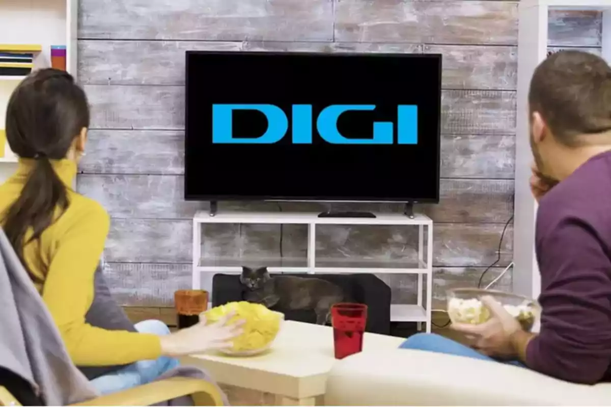 Personas viendo televisión con el logo de DIGI en la pantalla, mientras un gato descansa en un mueble debajo del televisor.