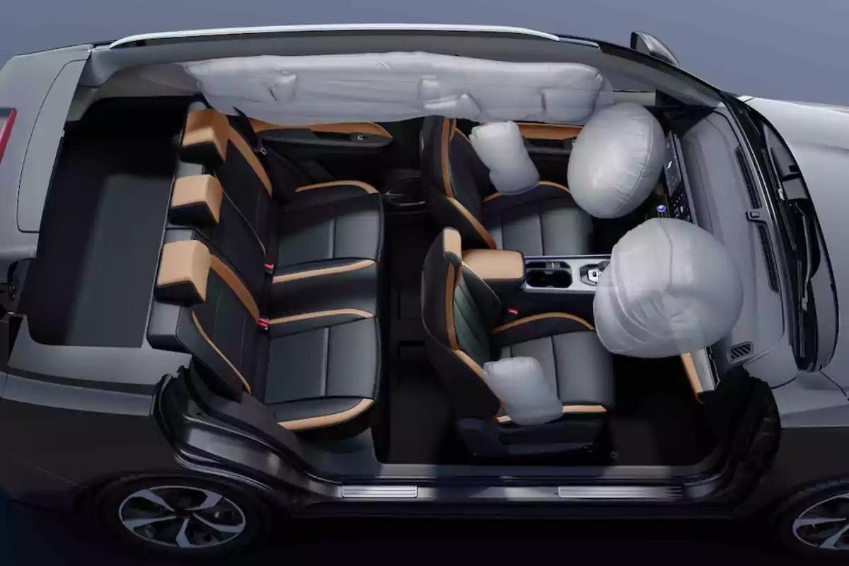 Vista superior del interior de un Livan X6 Pro mostrando los asientos y el sistema de bolsas de aire desplegadas en el volante, tablero, laterales y cortinas para protección de los ocupantes Vista superior del interior de un Livan X6 Pro mostrando los asientos y el sistema de bolsas de aire desplegadas en el volante, tablero, laterales y cortinas para protección de los ocupantes