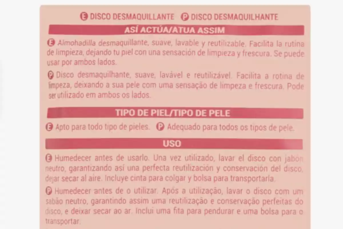 La imagen muestra instrucciones para un disco desmaquillante, destacando su suavidad, lavabilidad y reutilización, adecuado para todo tipo de pieles, con indicaciones de uso que incluyen humedecer antes de usar y lavar con jabón neutro después, permitiendo secar al aire, e incluye una cinta para colgar y una bolsa para transportarlo. La imagen muestra instrucciones para un disco desmaquillante, destacando su suavidad, lavabilidad y reutilización, adecuado para todo tipo de pieles, con indicaciones de uso que incluyen humedecer antes de usar y lavar con jabón neutro después, permitiendo secar al aire, e incluye una cinta para colgar y una bolsa para transportarlo.