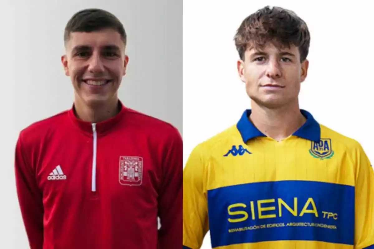 Dos hombres posan con camisetas deportivas, uno lleva una camiseta roja con el logo de Adidas y el otro una camiseta amarilla y azul con el logo de Kappa. Dos hombres posan con camisetas deportivas, uno lleva una camiseta roja con el logo de Adidas y el otro una camiseta amarilla y azul con el logo de Kappa.