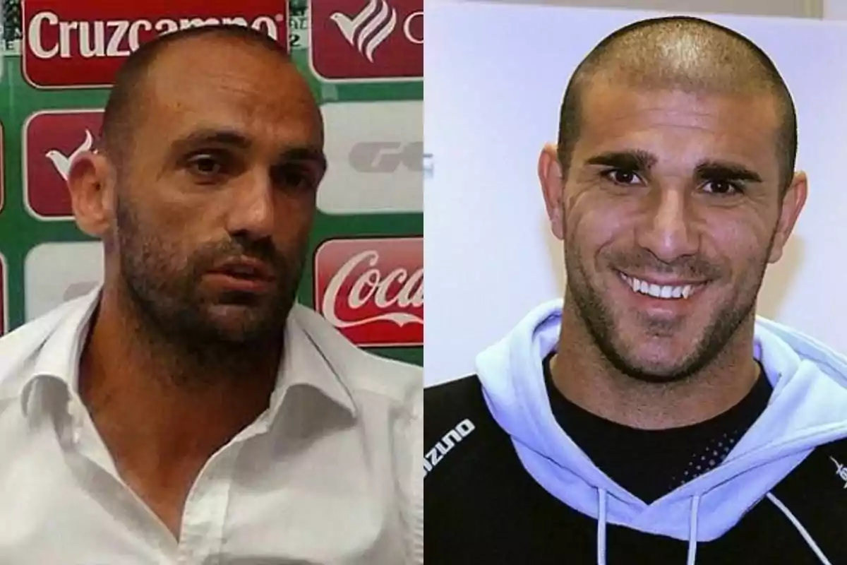 Dos hombres calvos con barba, uno con camisa blanca y fondo de logotipos, el otro con sudadera negra y fondo claro, ambos mirando hacia la cámara. Dos hombres calvos con barba, uno con camisa blanca y fondo de logotipos, el otro con sudadera negra y fondo claro, ambos mirando hacia la cámara.