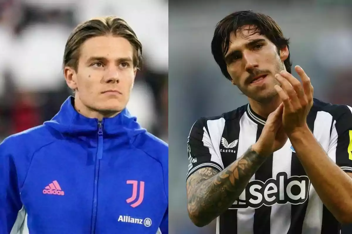 Dos futbolistas en uniforme, uno con chaqueta azul de la Juventus y el otro con camiseta a rayas blancas y negras, aplaudiendo. Dos futbolistas en uniforme, uno con chaqueta azul de la Juventus y el otro con camiseta a rayas blancas y negras, aplaudiendo.
