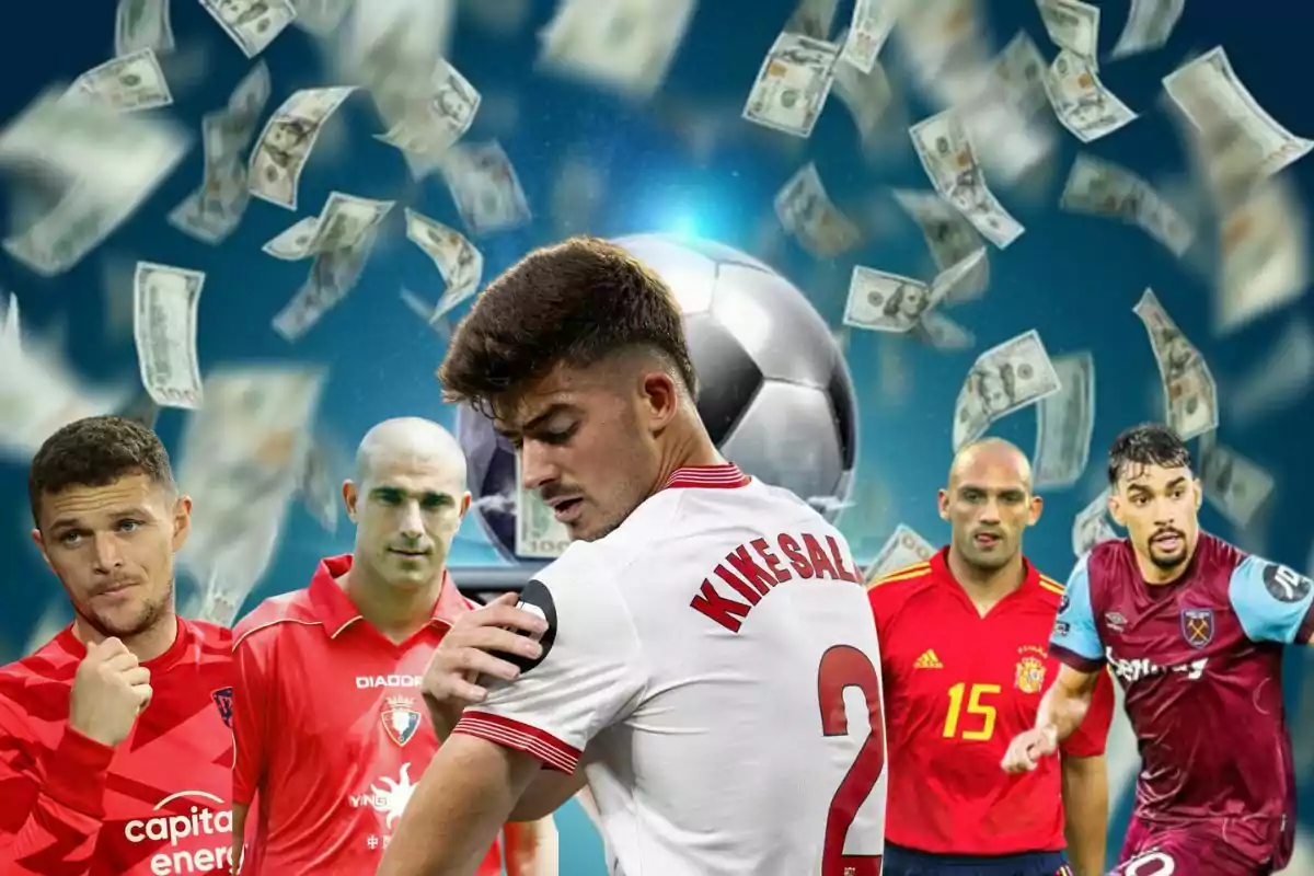 Jugadores de fútbol con camisetas de diferentes equipos y selecciones, con un fondo de billetes y un balón.