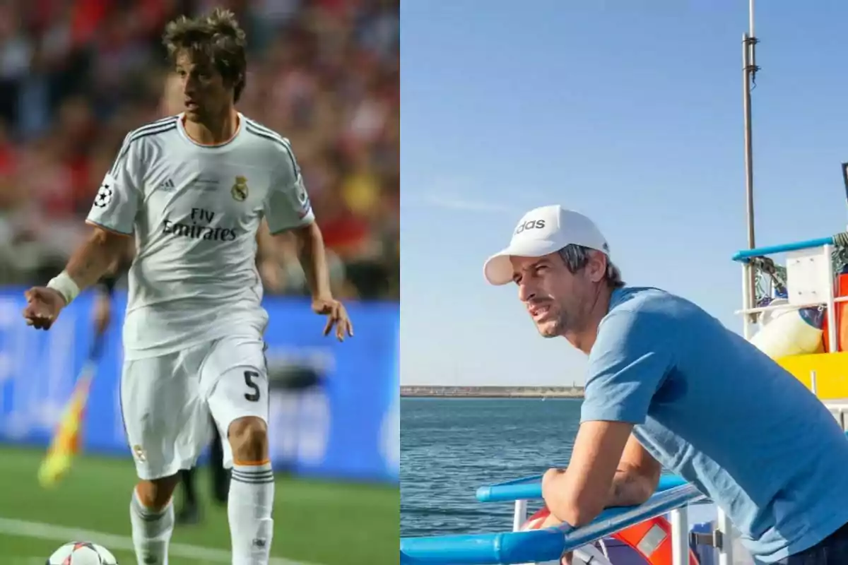 A la izquierda un futbolista con uniforme blanco en un partido y a la derecha un hombre con gorra blanca y camiseta azul apoyado en la barandilla de un barco frente al mar