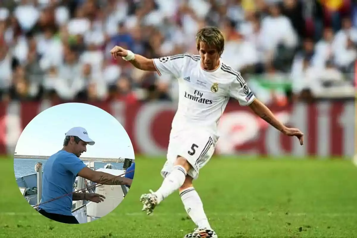 Un futbolista con uniforme blanco del Real Madrid patea un balón en un estadio mientras en una imagen circular superpuesta aparece la misma persona vestida de azul y gorra blanca en un barco
