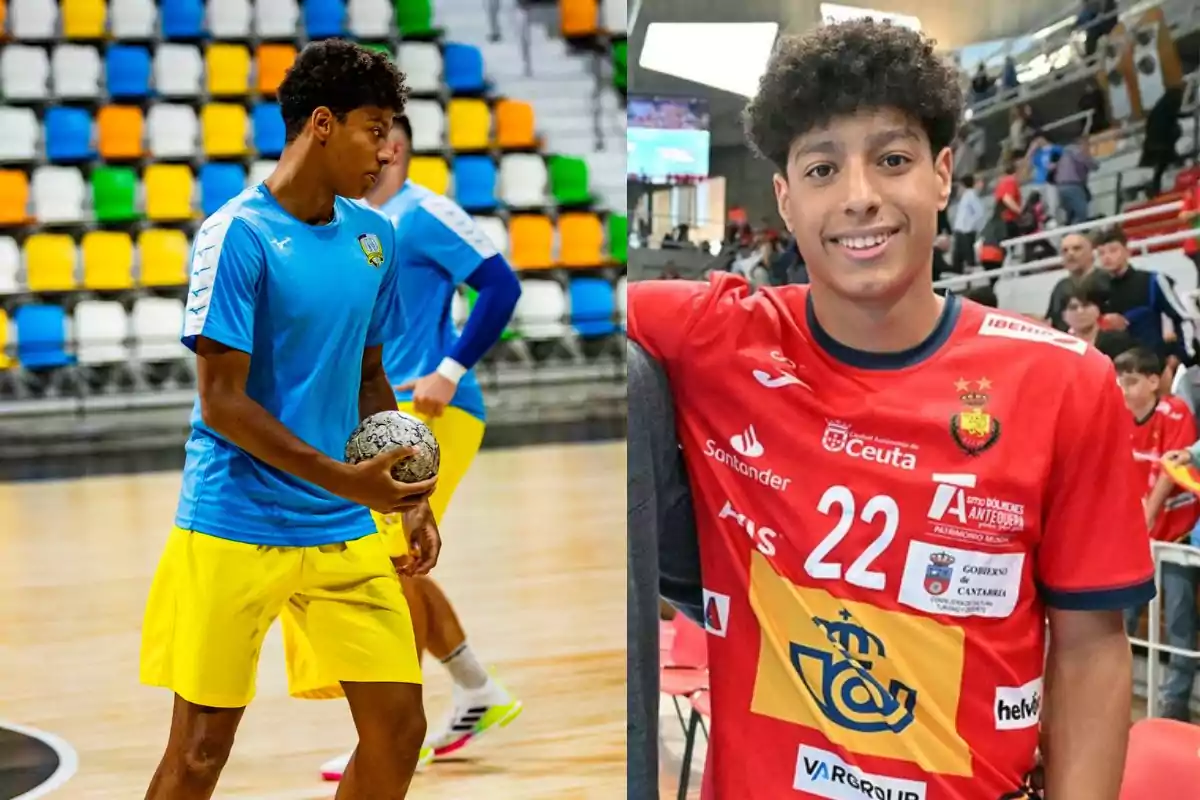 Un joven deportista aparece en dos situaciones diferentes, en la primera está en una cancha de balonmano con uniforme azul y amarillo sosteniendo un balón, en la segunda viste un uniforme rojo con el número 22 y sonríe en un estadio lleno de espectadores. Un joven deportista aparece en dos situaciones diferentes, en la primera está en una cancha de balonmano con uniforme azul y amarillo sosteniendo un balón, en la segunda viste un uniforme rojo con el número 22 y sonríe en un estadio lleno de espectadores.