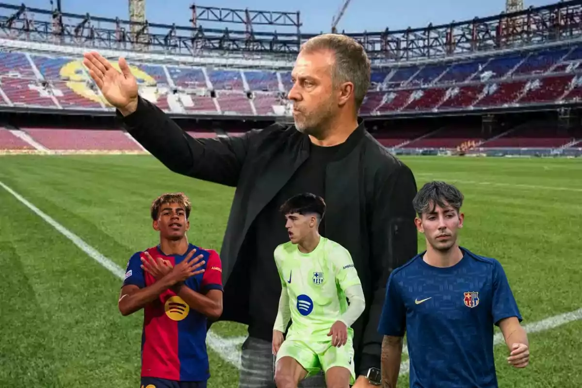 Un entrenador de fútbol en un estadio con tres jóvenes jugadores del Barcelona en diferentes uniformes frente a él
