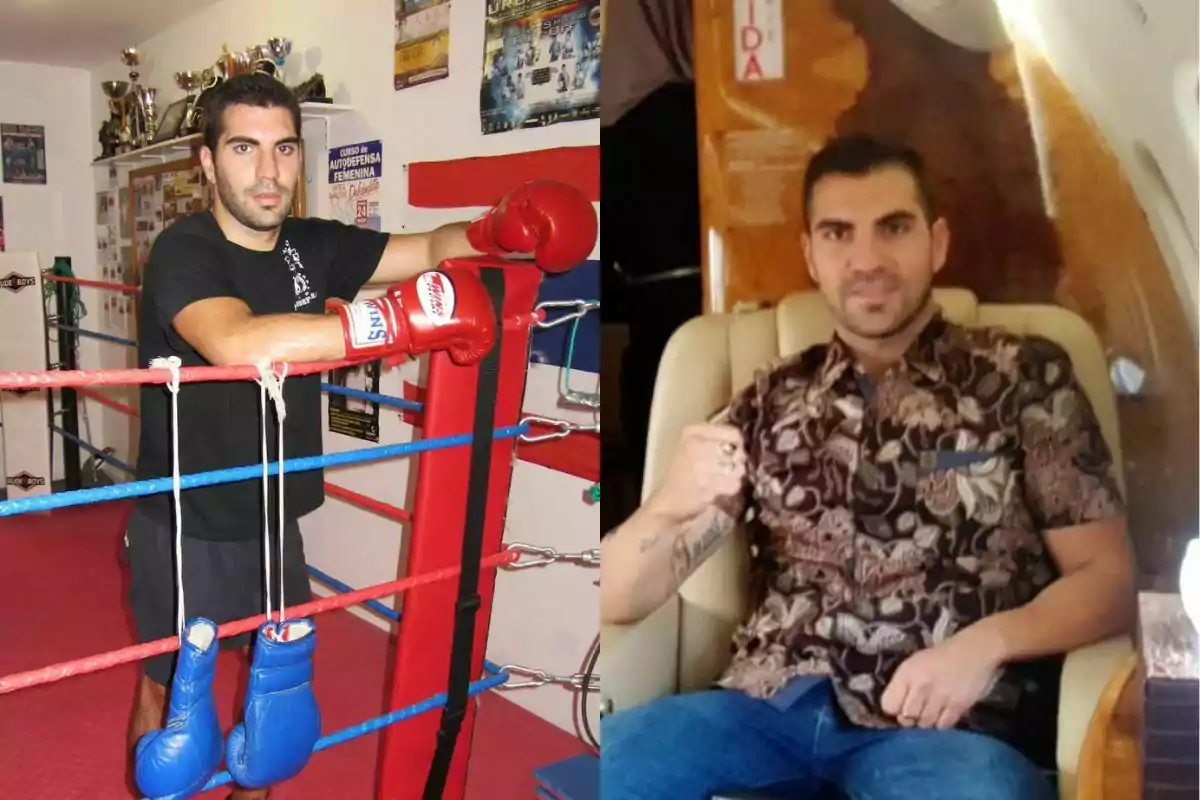 Un hombre con guantes de boxeo rojos en un ring y la misma persona sentada en un asiento de avión privado con camisa estampada y gesto de puño Un hombre con guantes de boxeo rojos en un ring y la misma persona sentada en un asiento de avión privado con camisa estampada y gesto de puño