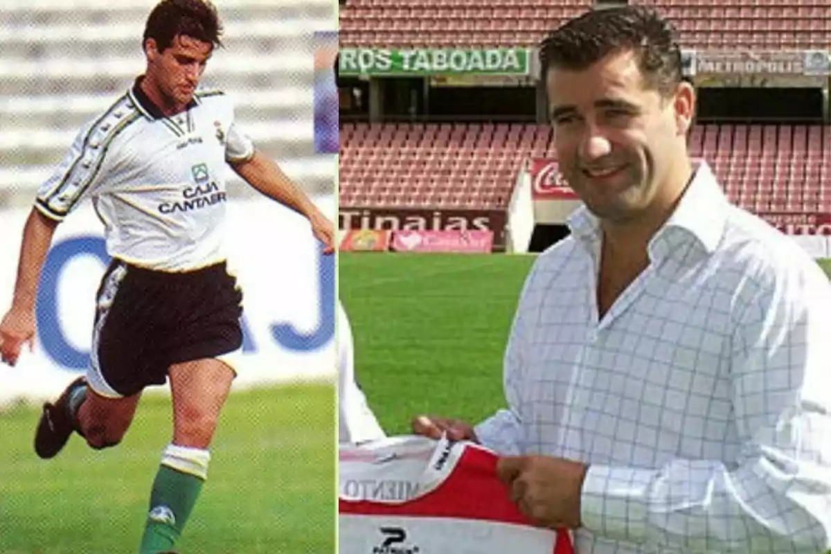 Dos fotos muestran a la misma persona en diferentes etapas de su vida en un estadio de fútbol en la primera aparece como jugador en acción y en la segunda como adulto sosteniendo una camiseta Dos fotos muestran a la misma persona en diferentes etapas de su vida en un estadio de fútbol en la primera aparece como jugador en acción y en la segunda como adulto sosteniendo una camiseta
