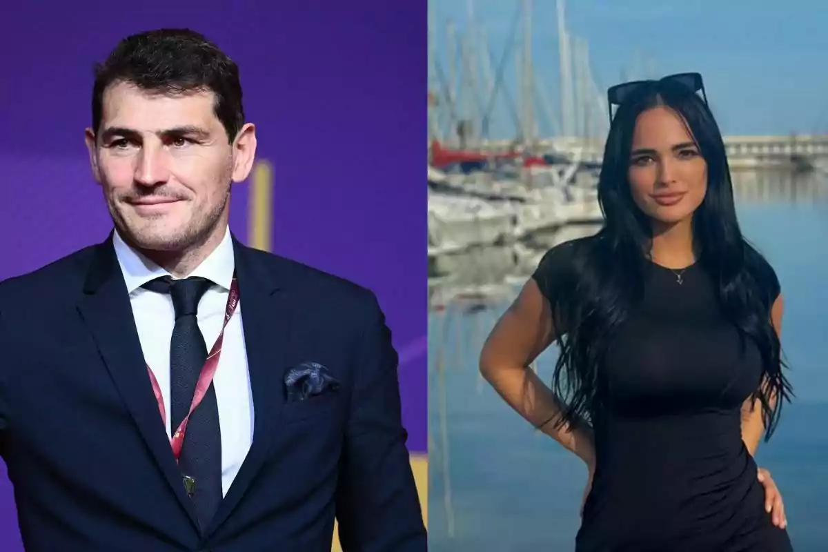 Un hombre con traje oscuro y corbata posa frente a un fondo morado mientras una mujer de cabello largo y oscuro viste un vestido negro y está de pie junto a un puerto con yates al fondo Un hombre con traje oscuro y corbata posa frente a un fondo morado mientras una mujer de cabello largo y oscuro viste un vestido negro y está de pie junto a un puerto con yates al fondo