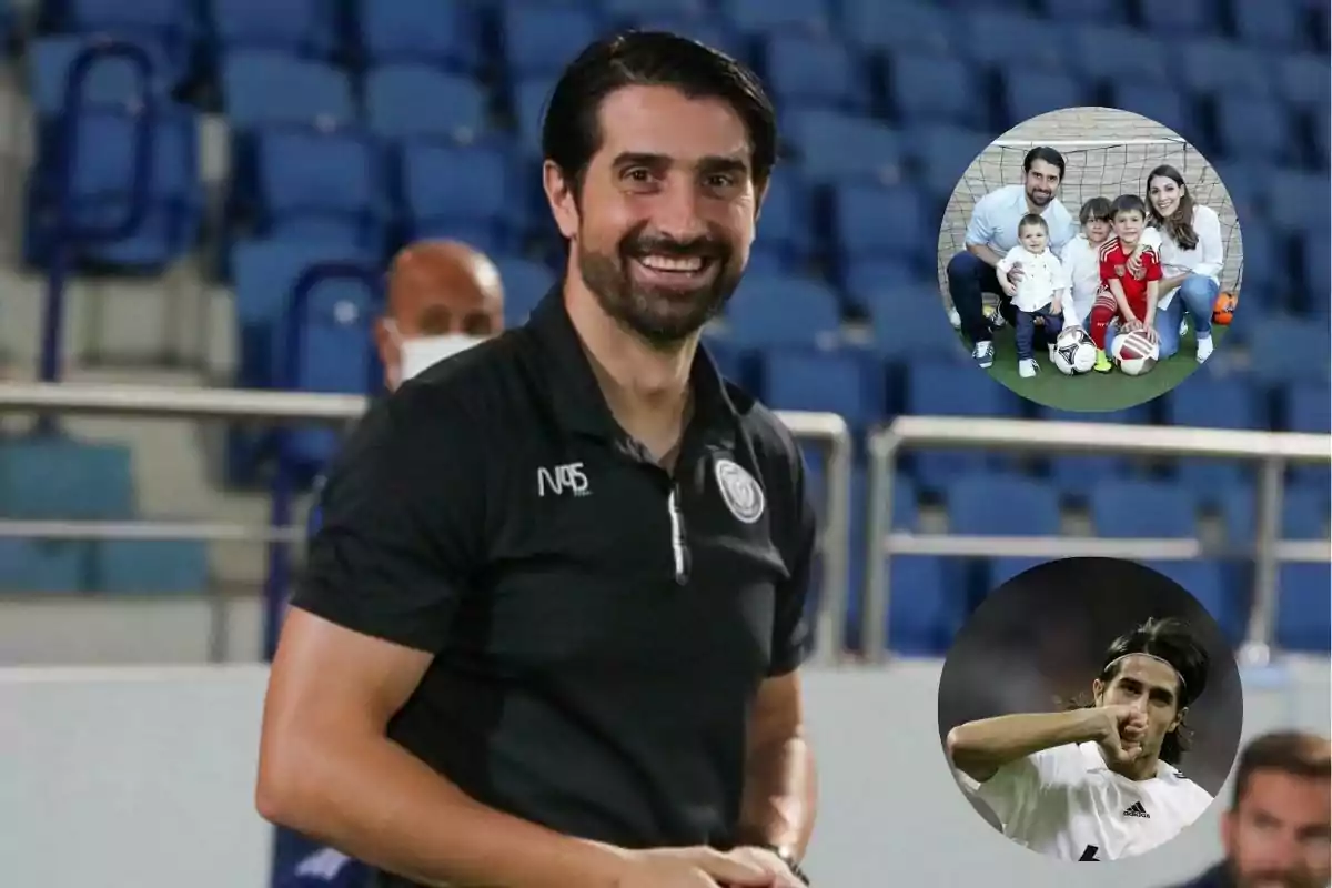 Hombre sonriente con barba en un estadio, en la esquina superior derecha aparece una familia con tres niños y en la parte inferior derecha un jugador de fútbol celebrando