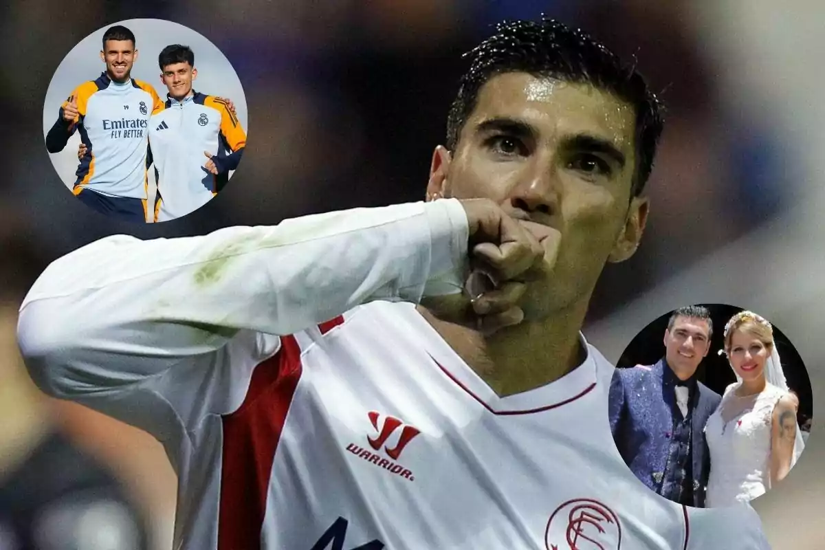 Futbolista celebrando un gol con el uniforme del Sevilla, acompañado de dos imágenes circulares, una con dos jugadores del Real Madrid y otra de una pareja vestida de novios