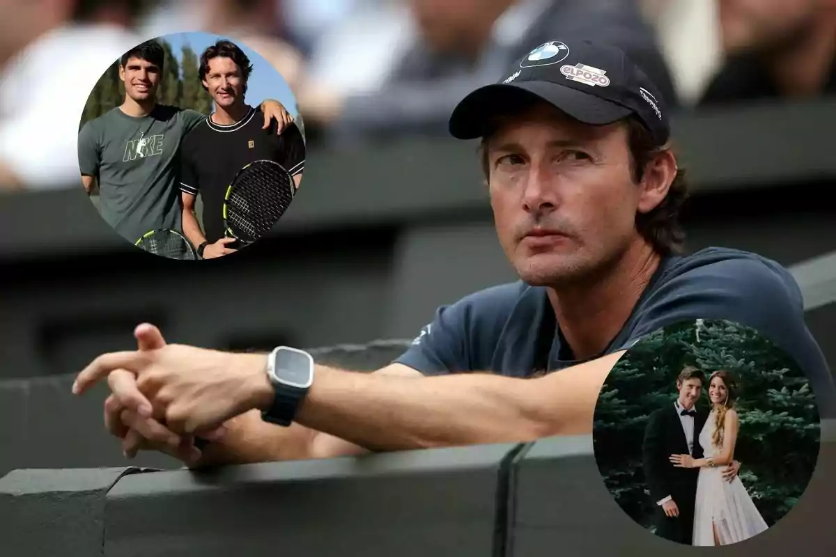 Hombre con gorra y reloj sentado con expresión seria, en la esquina superior izquierda aparece una imagen de dos personas con raquetas de tenis y en la esquina inferior derecha una pareja vestida de gala posando juntos.