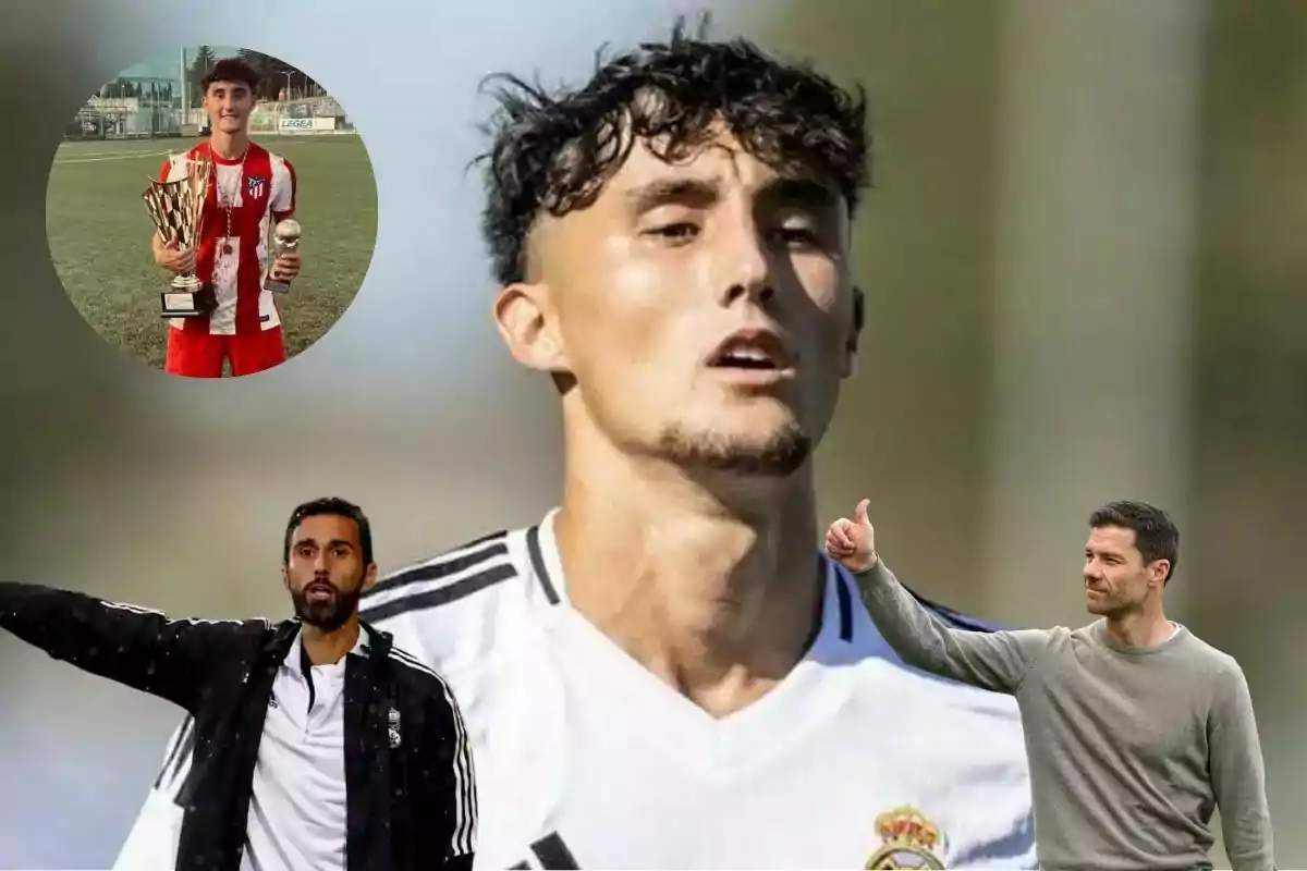 Un joven futbolista con uniforme del Real Madrid en el centro, un entrenador señalando a la izquierda, otro entrenador levantando el pulgar a la derecha y en la esquina superior izquierda una imagen circular de un jugador con trofeos en un campo de fútbol.