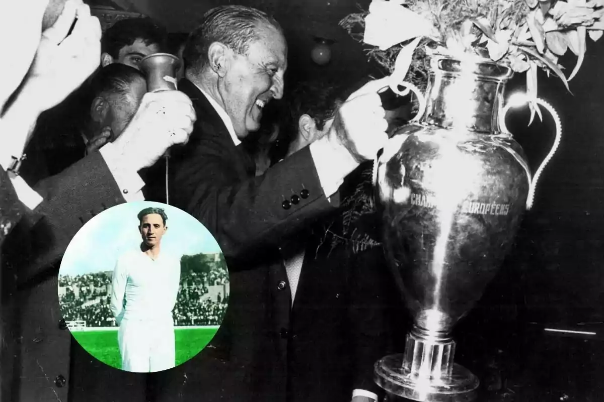 Un hombre sonriente sostiene un gran trofeo mientras varias personas lo rodean y en la esquina inferior izquierda aparece una imagen circular de un futbolista en uniforme blanco posando en un campo de fútbol. Un hombre sonriente sostiene un gran trofeo mientras varias personas lo rodean y en la esquina inferior izquierda aparece una imagen circular de un futbolista en uniforme blanco posando en un campo de fútbol.
