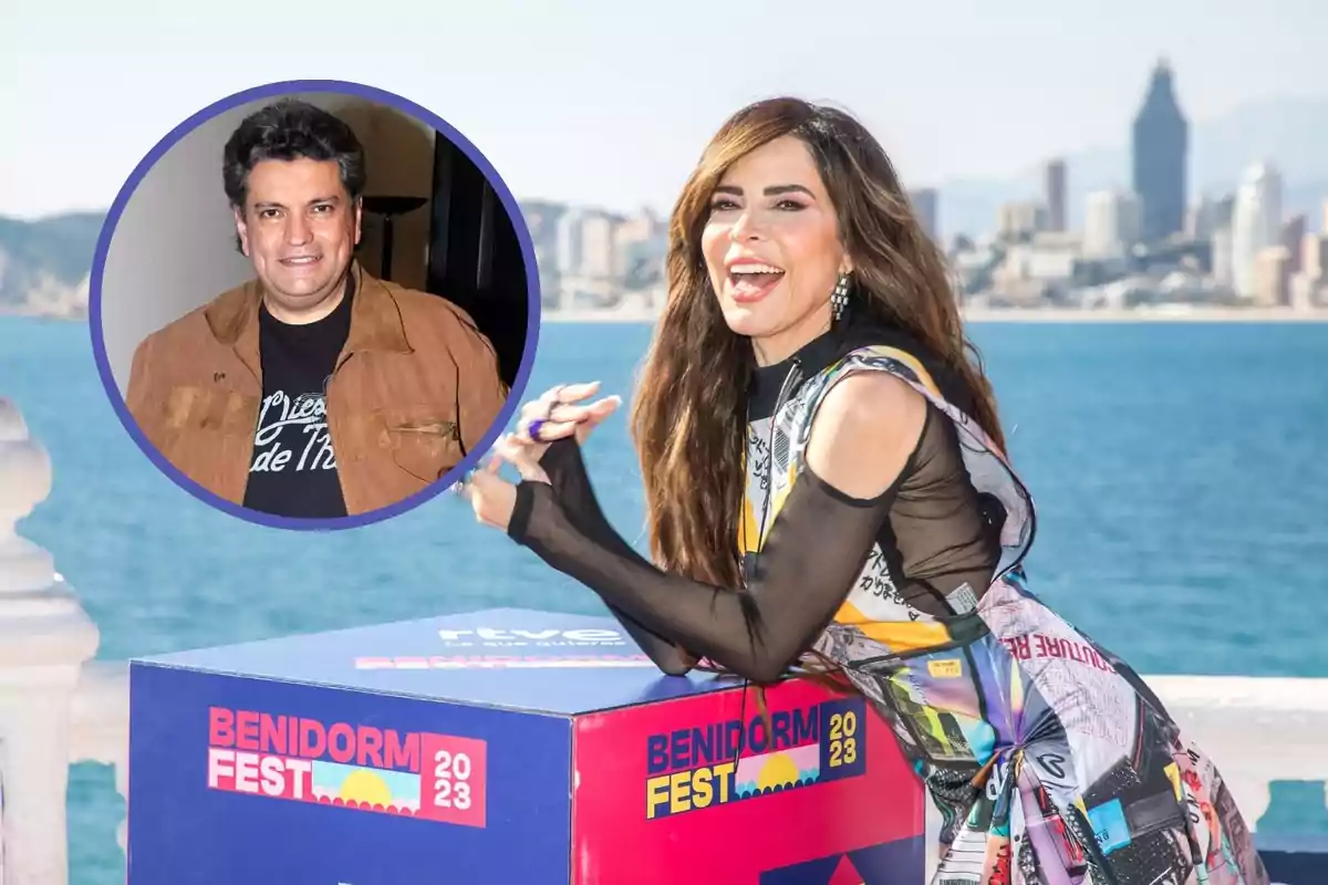 Una mujer sonriente posa junto a una caja con el logo de "Benidorm Fest 2023" mientras en un círculo se muestra la imagen de un hombre con chaqueta marrón.