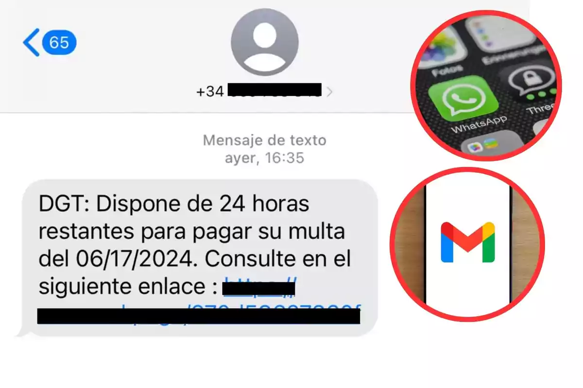 Mensaje de texto de un número desconocido que informa sobre una multa pendiente con un enlace sospechoso y muestra iconos de aplicaciones de mensajería y correo electrónico.