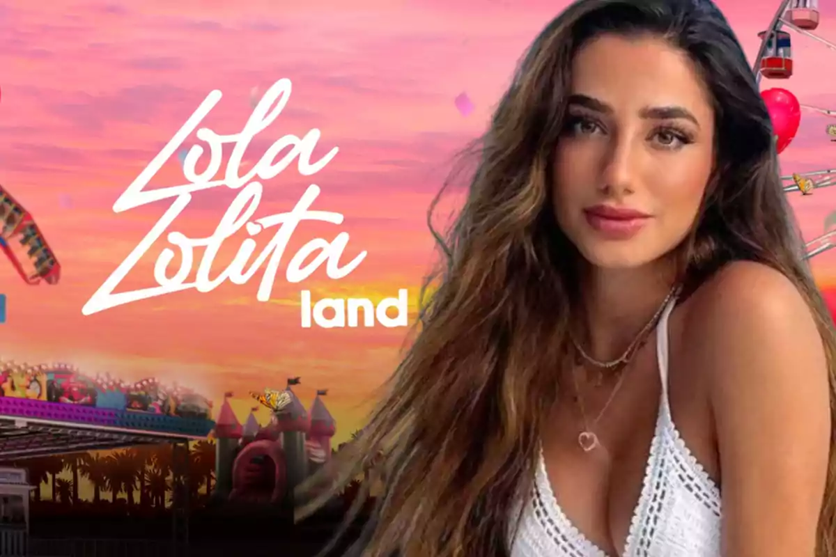 Joven con cabello largo y ondulado frente a un fondo de parque de diversiones al atardecer con el texto Lola Lolita land
