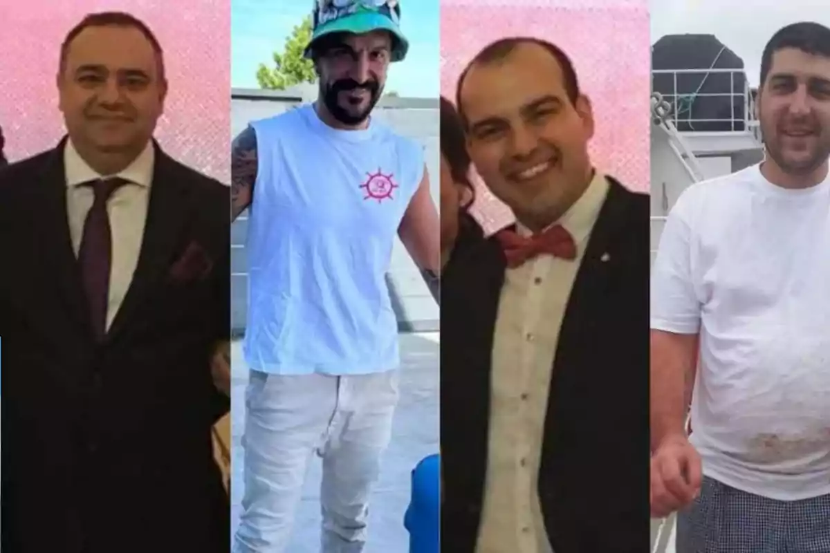Cinco hombres posando para la cámara, dos de ellos con trajes formales, uno con una camiseta sin mangas y sombrero, otro con un esmoquin y pajarita roja, y el último con una camiseta blanca y pantalones cortos.