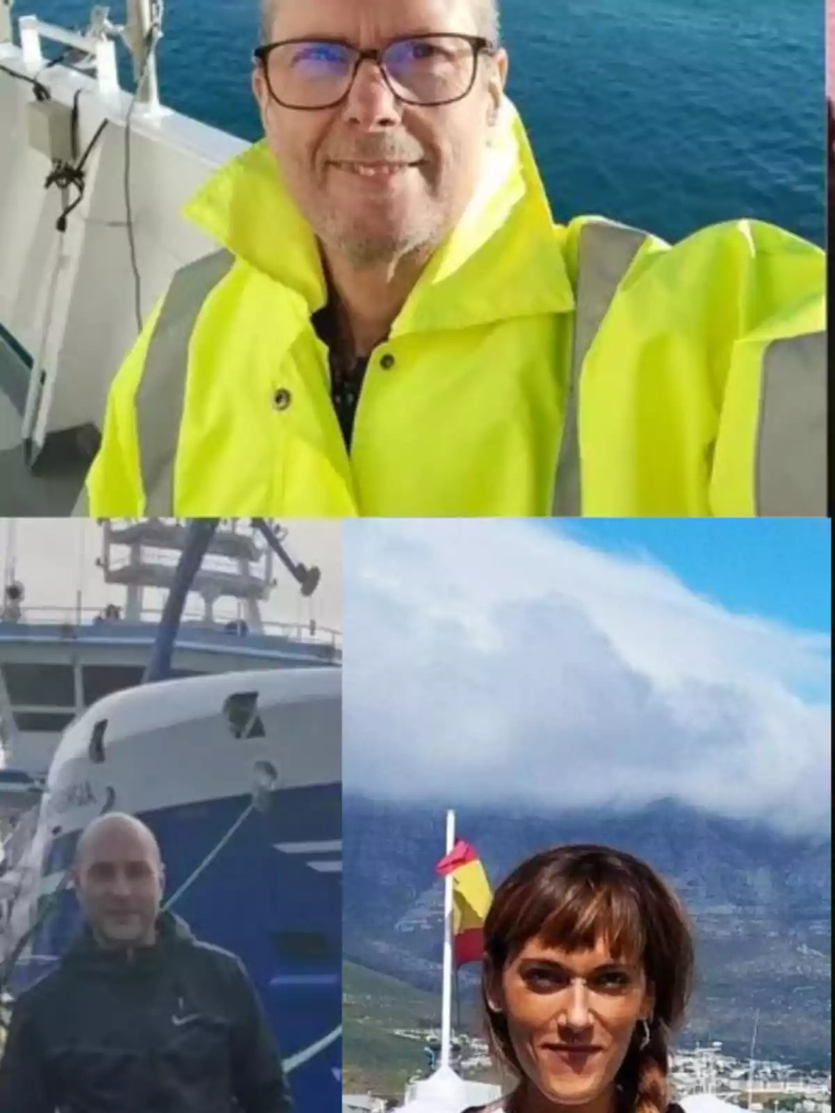 Tres personas posando en diferentes ubicaciones cerca de barcos y el mar.