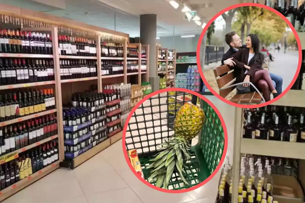 Una tienda de vinos con estantes llenos de botellas, un carrito de compras con una piña y una pareja sentada en un banco en un parque.