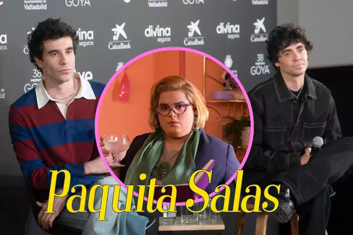 Imagen promocional de la serie "Paquita Salas" con dos actores en un evento y el personaje principal en el centro.