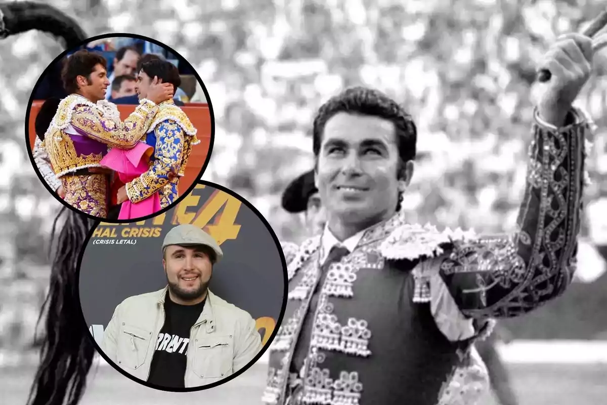 Imagen de un torero en blanco y negro con dos recuadros circulares superpuestos, uno mostrando a dos toreros abrazándose y otro a un hombre con gorra en un evento.